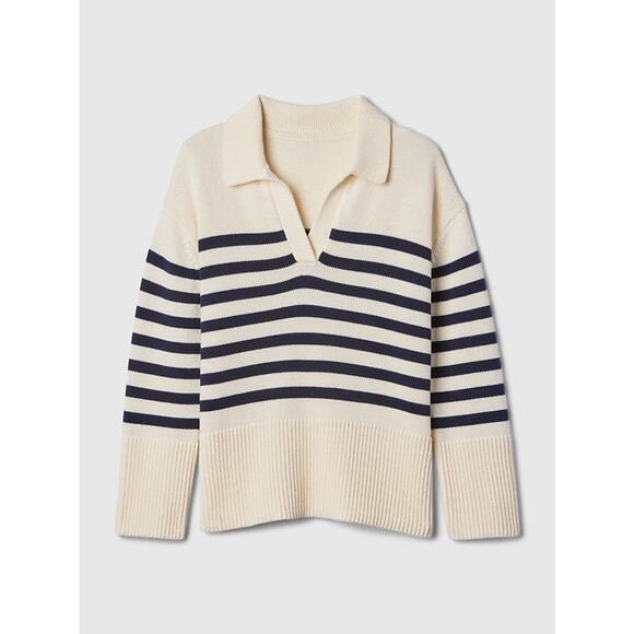 Gap 247 Split-hem Polo Sweater White Navy Stripe - XS - Picture 6 of 8